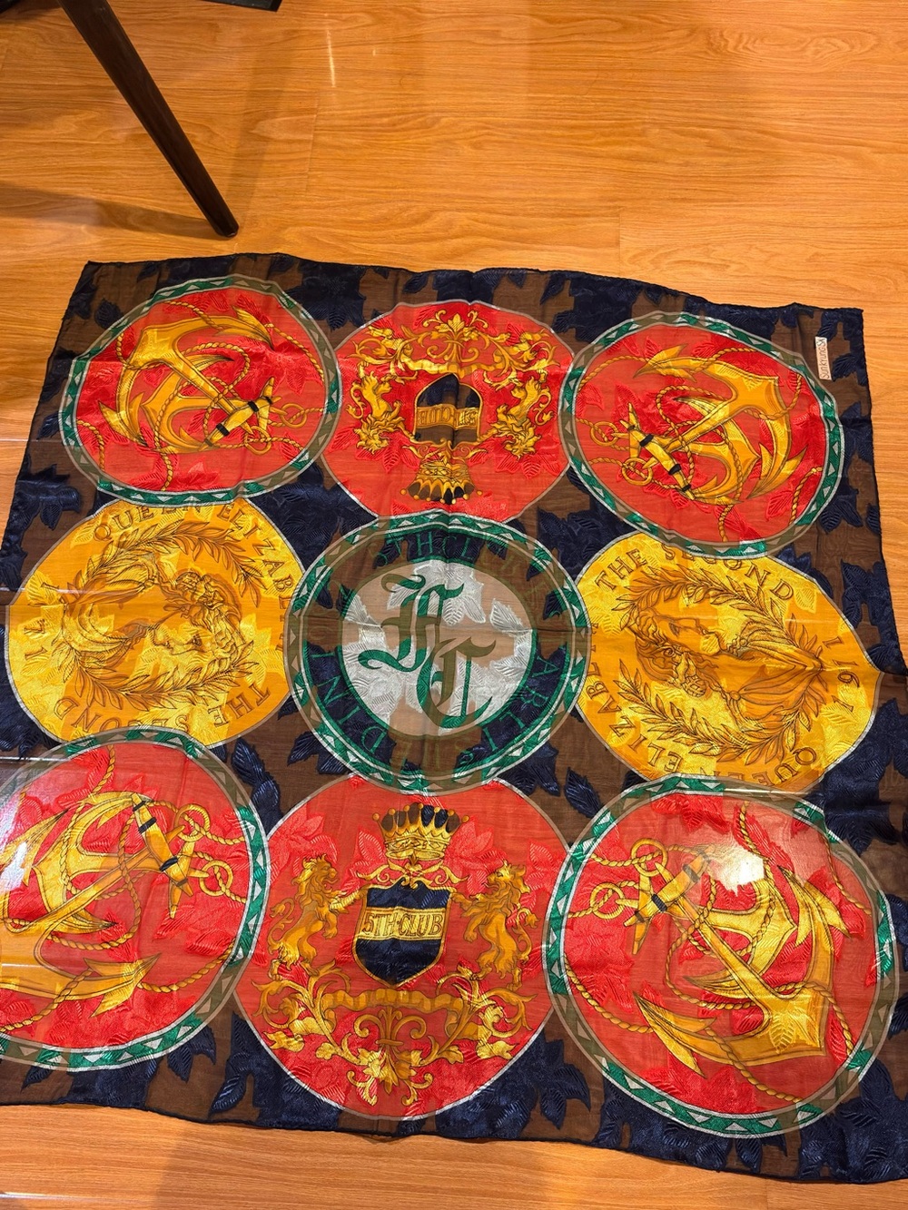 Vintage Sunkyung SA Sheer Burnout Jacquard Scarf - Crown & Anchor Motif-34”x34”